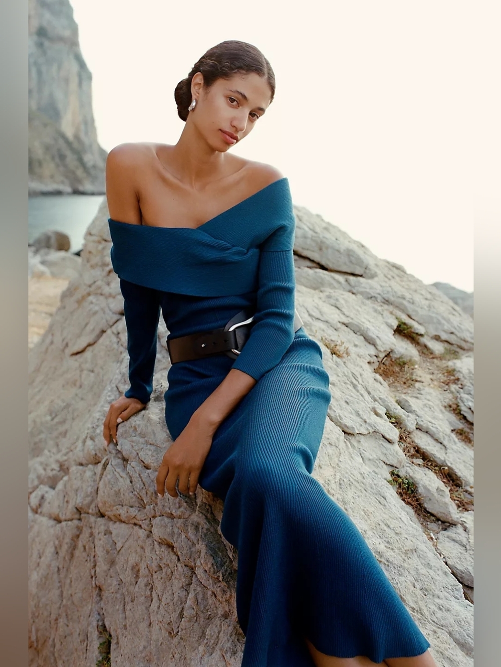Anthropologie Off-Shoulder Teal Blue Slim Sweater Maxi Dress